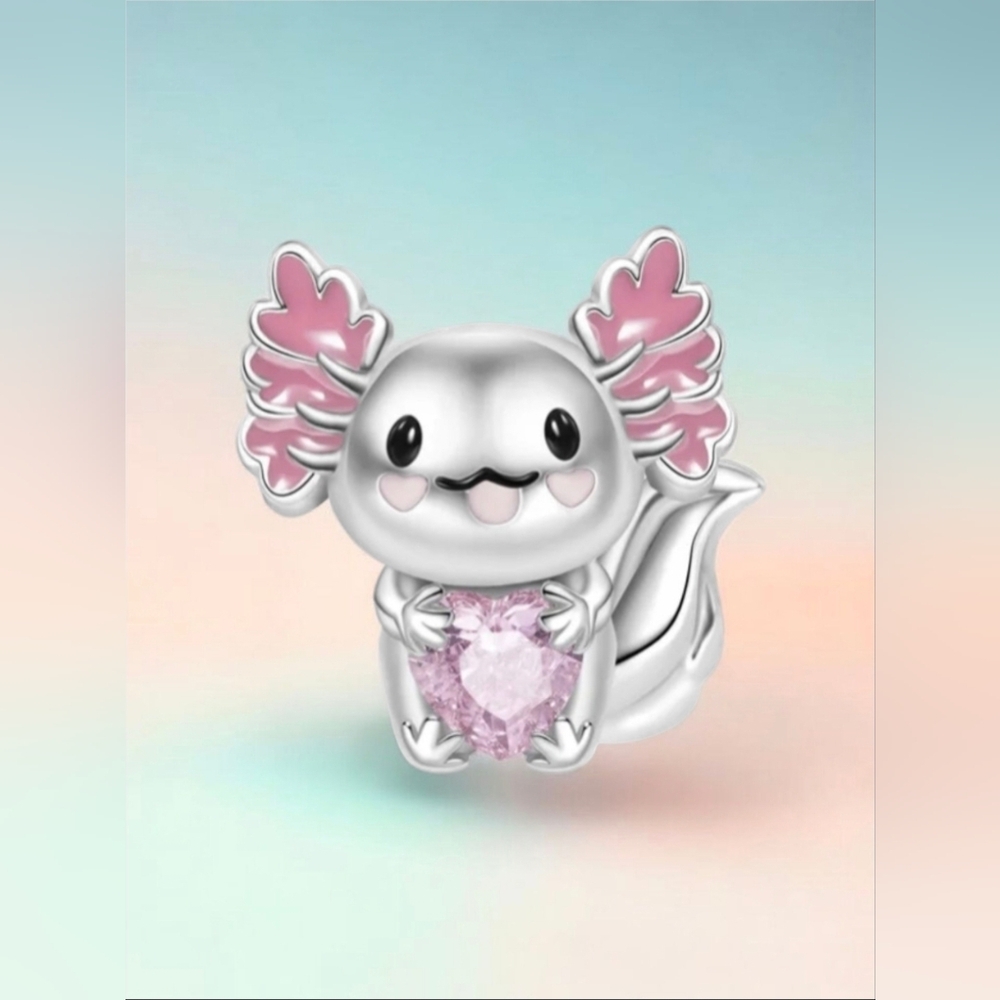 Mexican Axolotl Embraces Heart Gemstone Charm Bead 925 Sterling Silver